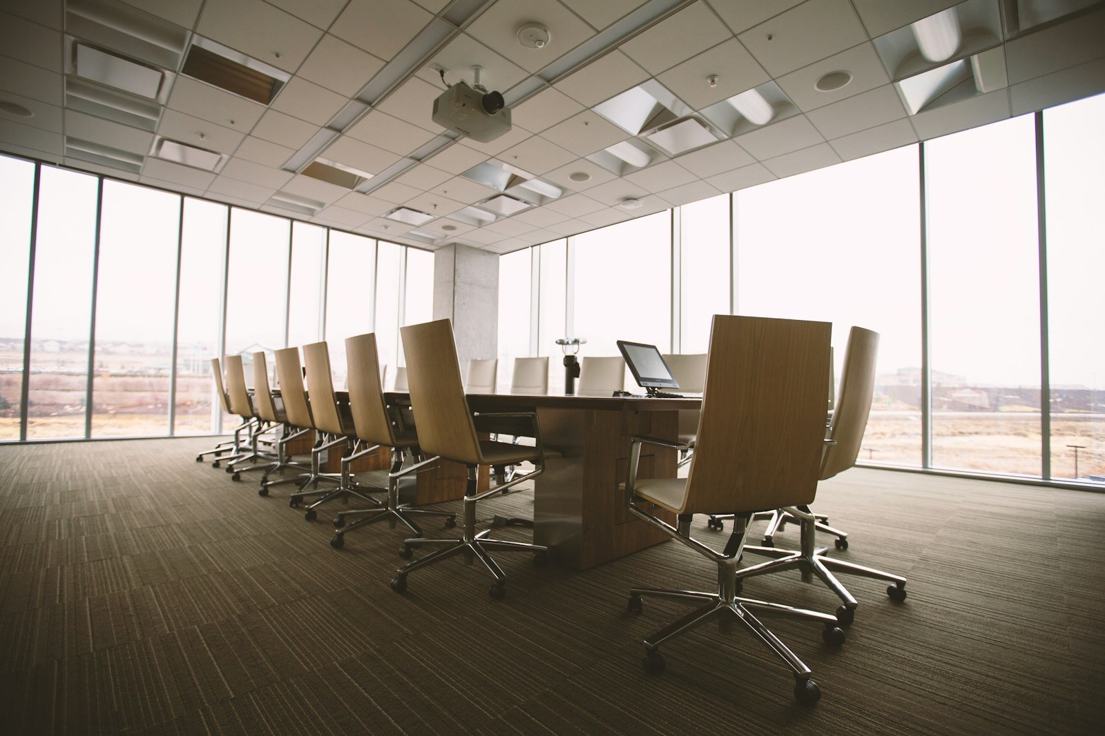 An executive boardroom overlooking the city